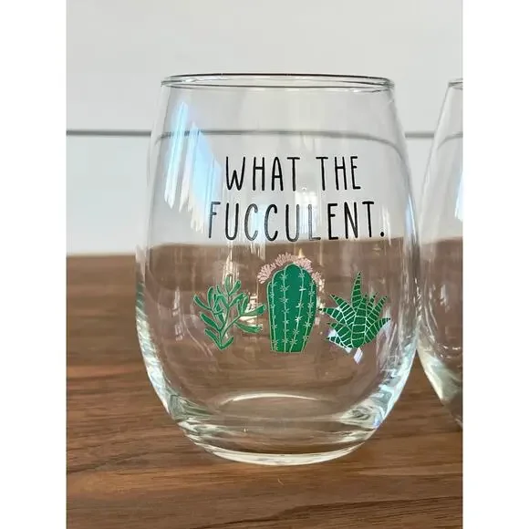 2 Funny Stemless Wine Glasses: Plant Lover Gift Set-What the Fucculent/Pot Head
